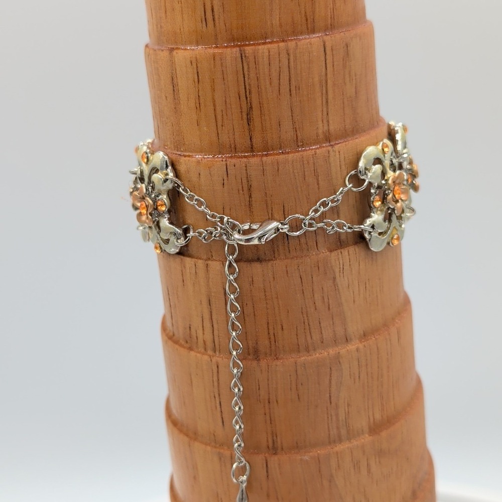 Gold And Silver Tone Enamel Butterfly Floral Link Bracelet Orange Rhinestone - Picture 10 of 16